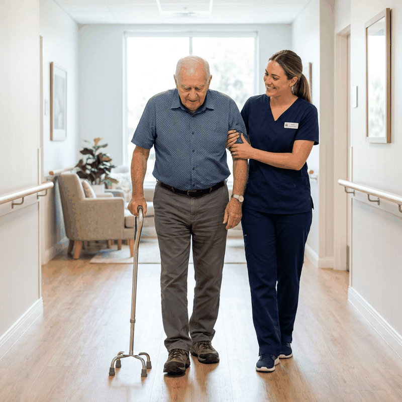 Caregiver helping senior walk